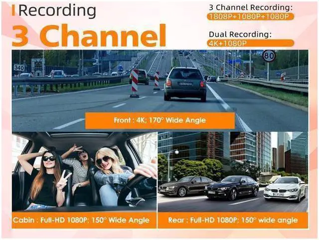 Alt view image 5 of 7 - KEHIPI 3 Channel 2K/Dual 4K Dash Cam, WDR Car Camera, 3.2" Screen Car Dash Camera, Driving Recorder with Built-in WiFi GPS, IR Night Vision, Parking Monitor, Motion Detection, Loop Recording,G-sensor