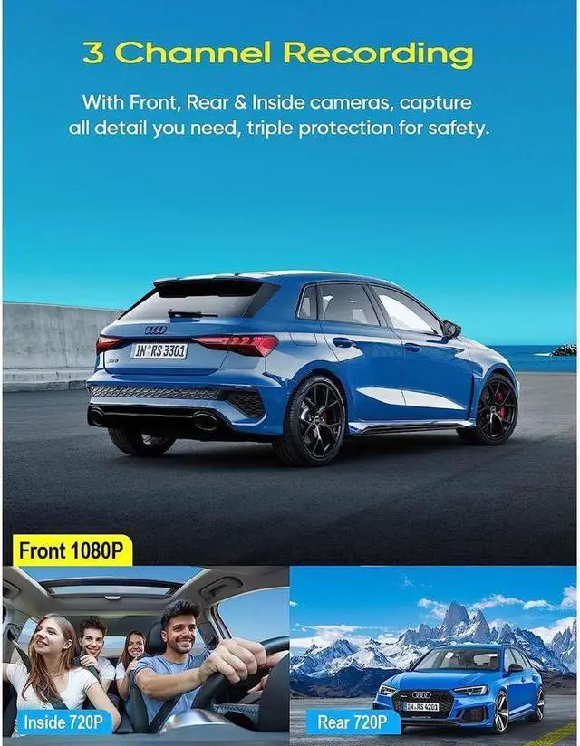 Alt view image 2 of 7 - KEHIPI 3 Channel Dash Cam Front and Rear Inside, 1080P Dash Camera for Cars, Dashcam Three Way Triple Car Camera with IR Night Vision, Loop Recording, G-Sensor, Parking Monitor, 24 Hours Recording