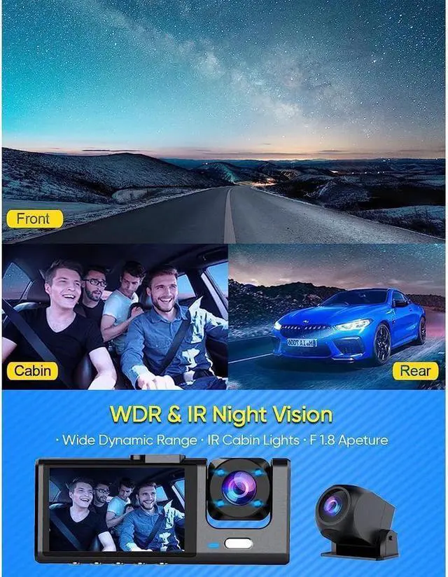 Alt view image 3 of 7 - KEHIPI 3 Channel Dash Cam Front and Rear Inside, 1080P Dash Camera for Cars, Dashcam Three Way Triple Car Camera with IR Night Vision, Loop Recording, G-Sensor, Parking Monitor, 24 Hours Recording