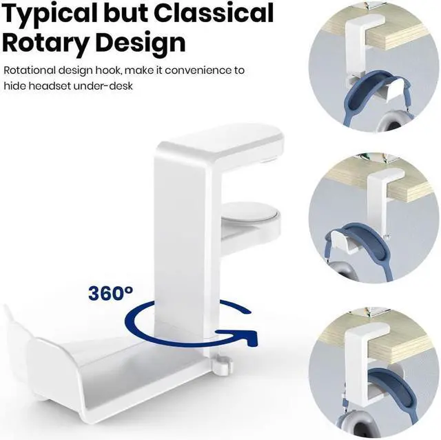 Alt view image 2 of 6 - KEHIPI PC Gaming Headset Headphone Hook Holder Hanger Mount, Headphones Stand with Adjustable & Rotating Arm Clamp, Under Desk Design, Universal Fit, Built in Cable Clip(White)