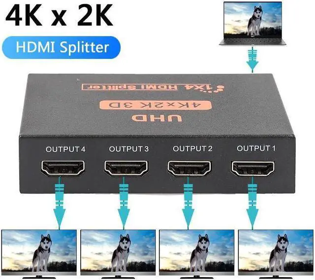 Alt view image 4 of 7 - KEHIPI HDMI Splitter 1 in 4 out Full Ultra HD 1080P 4K/2K 1X4 Port Box Hub with US Adapter v1.4 Powered Certified for 3D Support