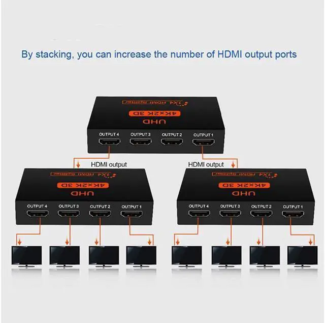 Alt view image 6 of 7 - KEHIPI HDMI Splitter 1 in 4 out Full Ultra HD 1080P 4K/2K 1X4 Port Box Hub with US Adapter v1.4 Powered Certified for 3D Support