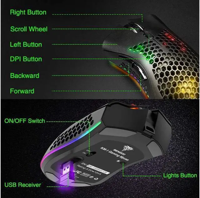 Alt view image 7 of 7 - KEHIPI Wireless Gaming Mouse Rechargeable USB PC Gaming Mouse RGB Backlit Mouse Ergonomic Optical Mice W/Honeycomb Shell for PC Computer Laptop Black