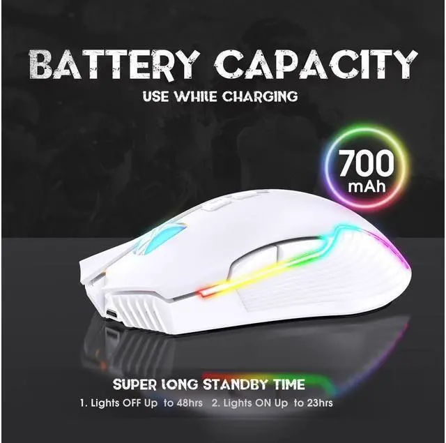 Alt view image 4 of 6 - KEHIPI RGB Wireless Gaming Mouse, Rechargeable Computer Mice with 5 Adjustable DPI Up to 3600, Ergonomic Laptop PC Mouse with 7 Buttons (Not Programmable) Compatible with Windows MAC Linux White