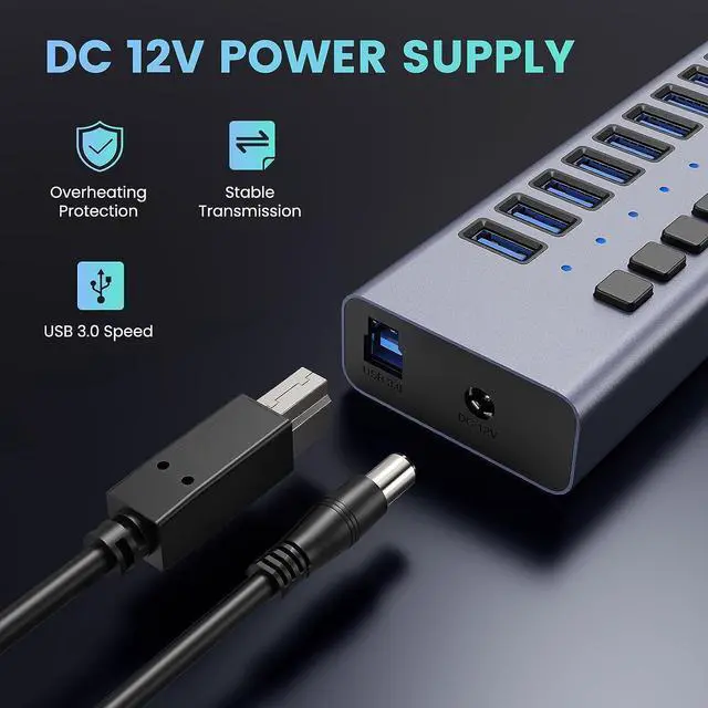 Alt view image 4 of 7 - Powered USB Hub - KEHIPI 16 Ports 90W USB 3.0 Data Port, Aluminum Housing, Individual On/Off Switches, 12V/7.5A Power Adapter, 5Gbps High Speed, USB 3.0 Hub for Laptop, PC, Computer, Mobile HDD