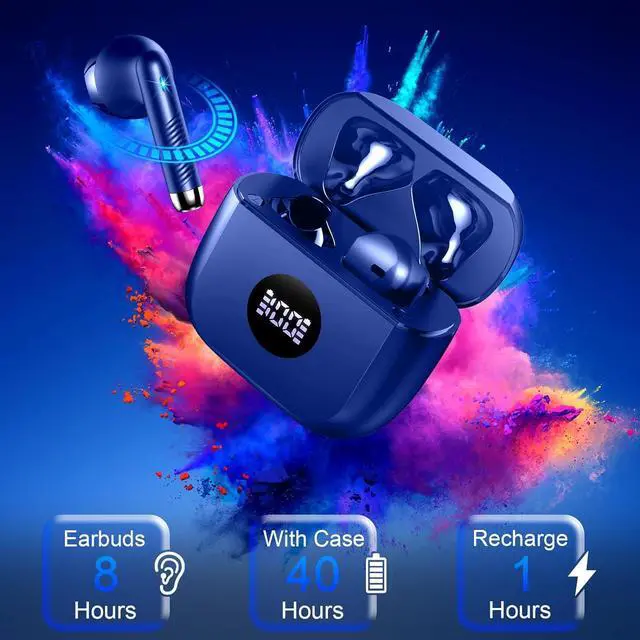 Alt view image 7 of 7 - KEHIPI Wireless Earbuds,Bluetooth 5.3 Ear Buds LED Power Display Headphones Bass Stereo,Earbuds in-Ear Noise Cancelling Mic,40H Playback Mini Case IP7 Waterproof Sports Earphones for Android iOS Blue