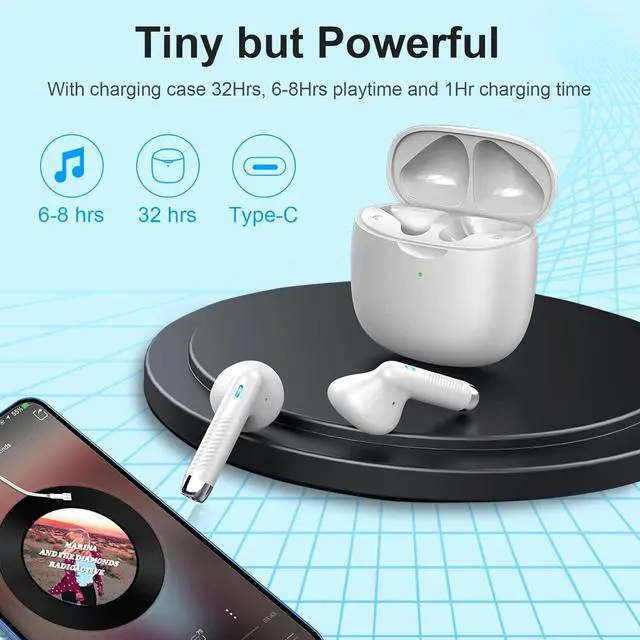 Alt view image 7 of 7 - KEHIPI Wireless Bluetooth 5.3 Earbuds Stereo Bass, Headphones in Ear Noise Cancelling Mic, IP7 Waterproof Sports, 32H Playtime USB C Mini Charging Case Ear Buds for Android iOS White