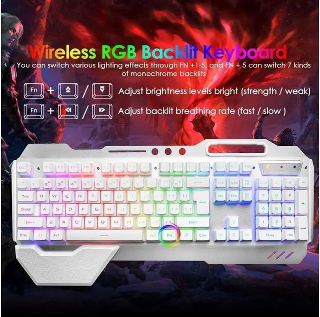 Alt view image 2 of 6 - KEHIPI Wireless Gaming Keyboard and Mouse,Rainbow Backlit Rechargeable Keyboard Mouse with 3800mAh Battery Metal Panel,Removable Hand Rest Mechanical Feel Keyboard and 7 Color Gaming Mute Mouse for PC