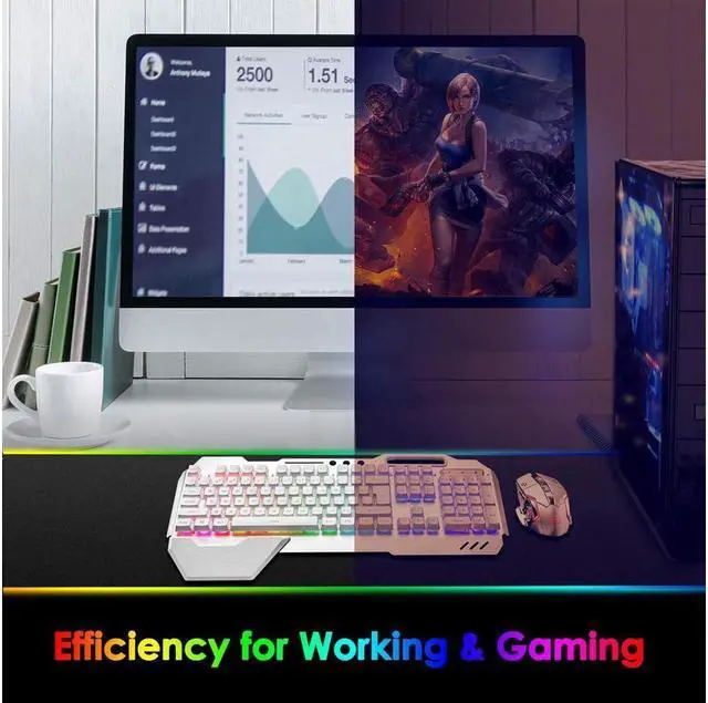 Alt view image 6 of 6 - KEHIPI Wireless Gaming Keyboard and Mouse,Rainbow Backlit Rechargeable Keyboard Mouse with 3800mAh Battery Metal Panel,Removable Hand Rest Mechanical Feel Keyboard and 7 Color Gaming Mute Mouse for PC