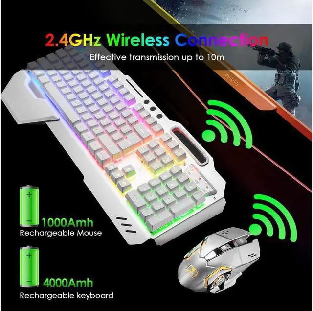 Alt view image 4 of 6 - KEHIPI Wireless Gaming Keyboard and Mouse,Rainbow Backlit Rechargeable Keyboard Mouse with 3800mAh Battery Metal Panel,Removable Hand Rest Mechanical Feel Keyboard and 7 Color Gaming Mute Mouse for PC