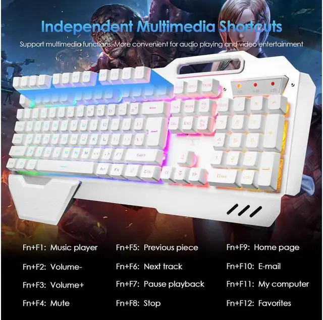 Alt view image 3 of 6 - KEHIPI Wireless Gaming Keyboard and Mouse,Rainbow Backlit Rechargeable Keyboard Mouse with 3800mAh Battery Metal Panel,Removable Hand Rest Mechanical Feel Keyboard and 7 Color Gaming Mute Mouse for PC