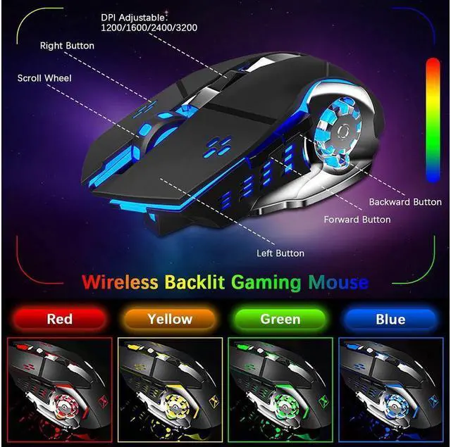 Alt view image 4 of 7 - KEHIPI Wireless Gaming Keyboard and Mouse,Rainbow Backlit Rechargeable Keyboard Mouse with 3800mAh Battery Metal Panel,Removable Hand Rest Mechanical Feel Keyboard and 7 Color Gaming Mute Mouse for PC