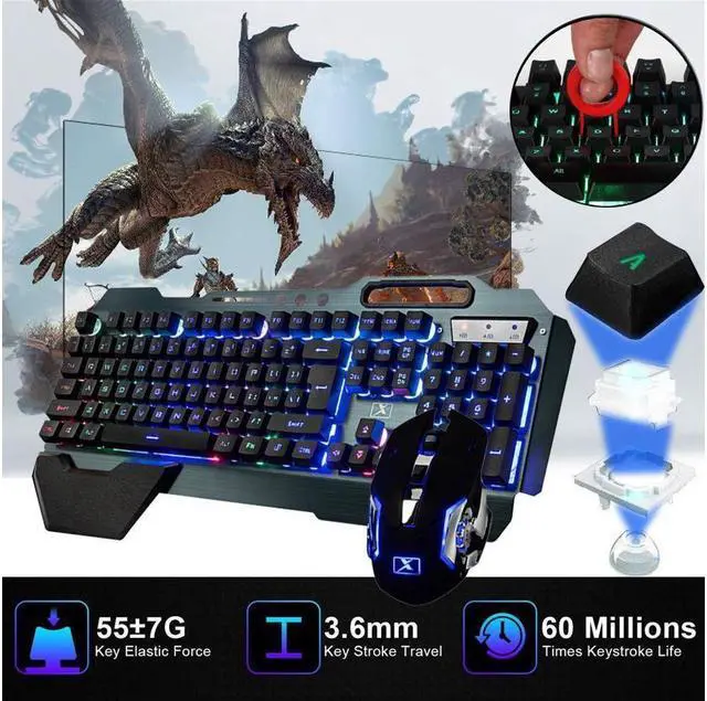 Alt view image 6 of 7 - KEHIPI Wireless Gaming Keyboard and Mouse,Rainbow Backlit Rechargeable Keyboard Mouse with 3800mAh Battery Metal Panel,Removable Hand Rest Mechanical Feel Keyboard and 7 Color Gaming Mute Mouse for PC