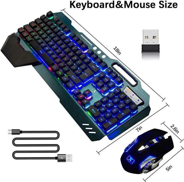 Alt view image 7 of 7 - KEHIPI Wireless Gaming Keyboard and Mouse,Rainbow Backlit Rechargeable Keyboard Mouse with 3800mAh Battery Metal Panel,Removable Hand Rest Mechanical Feel Keyboard and 7 Color Gaming Mute Mouse for PC