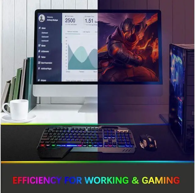Alt view image 5 of 7 - KEHIPI Wireless Gaming Keyboard and Mouse,Rainbow Backlit Rechargeable Keyboard Mouse with 3800mAh Battery Metal Panel,Removable Hand Rest Mechanical Feel Keyboard and 7 Color Gaming Mute Mouse for PC