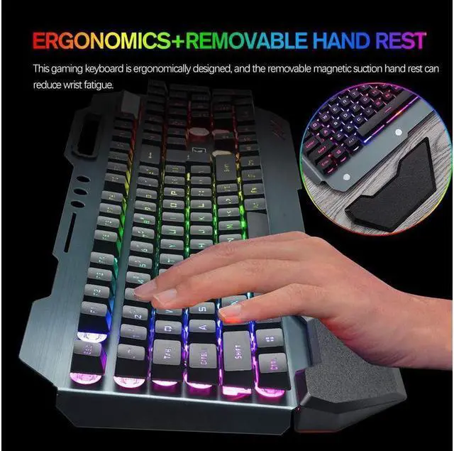 Alt view image 6 of 7 - KEHIPI Wireless Gaming Keyboard and Mouse,Rainbow Backlit Rechargeable Keyboard Mouse with 3800mAh Battery Metal Panel,Removable Hand Rest Mechanical Feel Keyboard and 7 Color Gaming Mute Mouse for PC