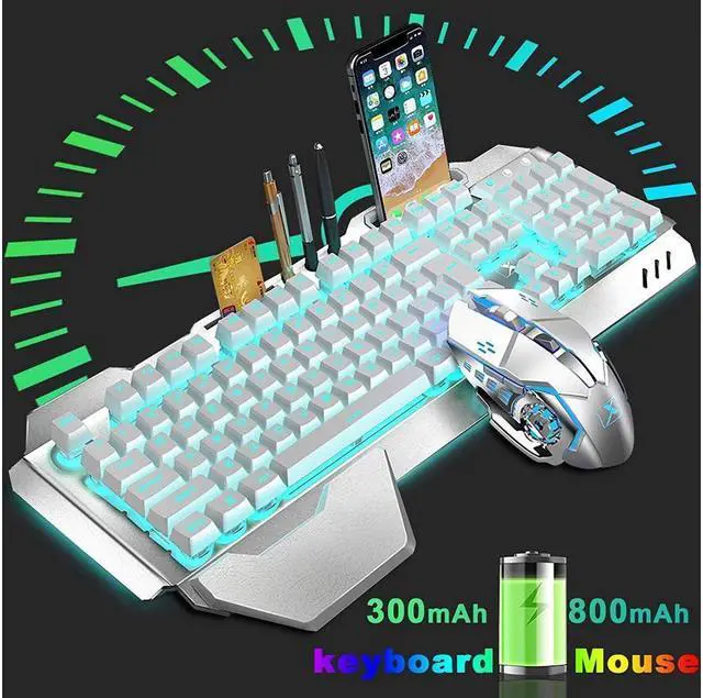Alt view image 2 of 7 - KEHIPI Wireless Gaming Keyboard and Mouse,Rainbow Backlit Rechargeable Keyboard Mouse with 3800mAh Battery Metal Panel,Removable Hand Rest Mechanical Feel Keyboard and 7 Color Gaming Mute Mouse for PC