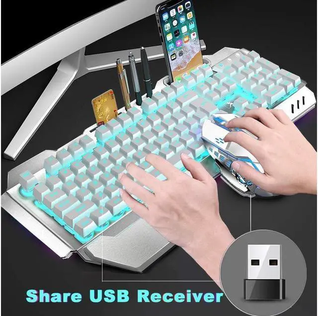 Alt view image 4 of 7 - KEHIPI Wireless Gaming Keyboard and Mouse,Rainbow Backlit Rechargeable Keyboard Mouse with 3800mAh Battery Metal Panel,Removable Hand Rest Mechanical Feel Keyboard and 7 Color Gaming Mute Mouse for PC