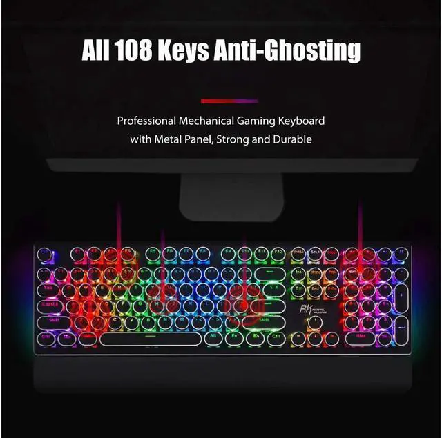 Alt view image 3 of 7 - KEHIPI Typewriter Style Mechanical Gaming Keyboard with True RGB Backlit Collapsible Wrist Rest 108-Key Blue Switch Retro Round Keycap, Black