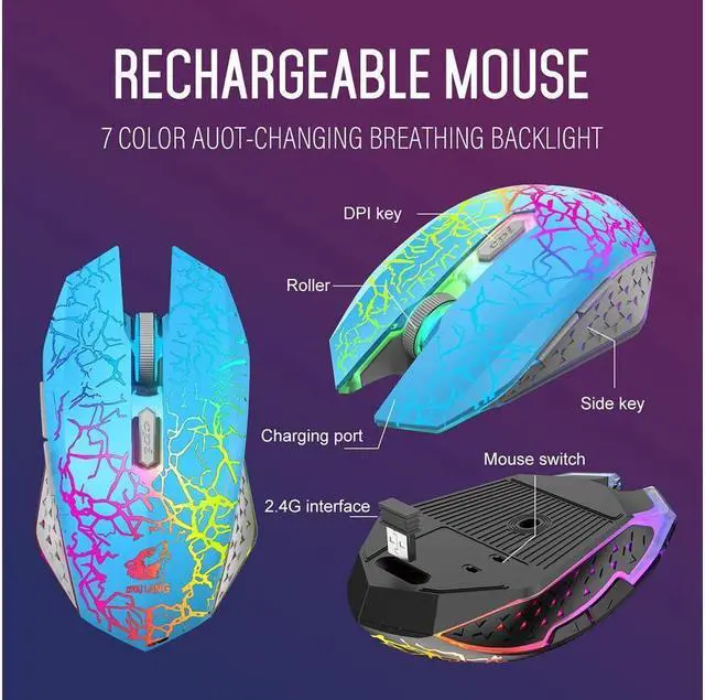 Alt view image 6 of 6 - KEHIPI Wireless Gaming Keyboard and Mouse Combo,61 Key Rainbow Backlit Keyboard with Rechargeable 4000mAh,Mechanical Feel,Ergonomic,Quiet,RGB Mute Mice and Mousepad for PS4,Xbox One,Desktop,PC Black
