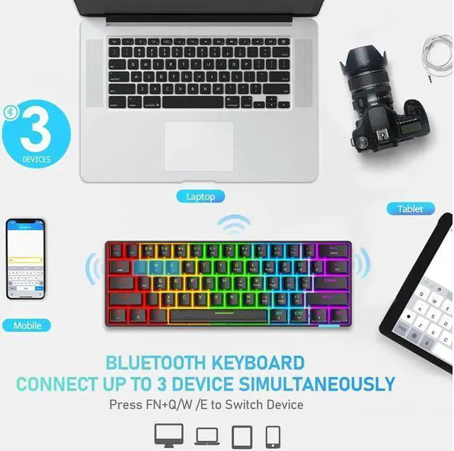 Alt view image 4 of 4 - KEHIPI 60% Wireless Mechanical Gaming Keyboard with Rainbow RGB Backlight Compact 61 Key Ergonomic Rechargeable Anti-ghosting Bluetooth 5.0 Type-C USB Wired for Typist PC Laptop Mac Gamer