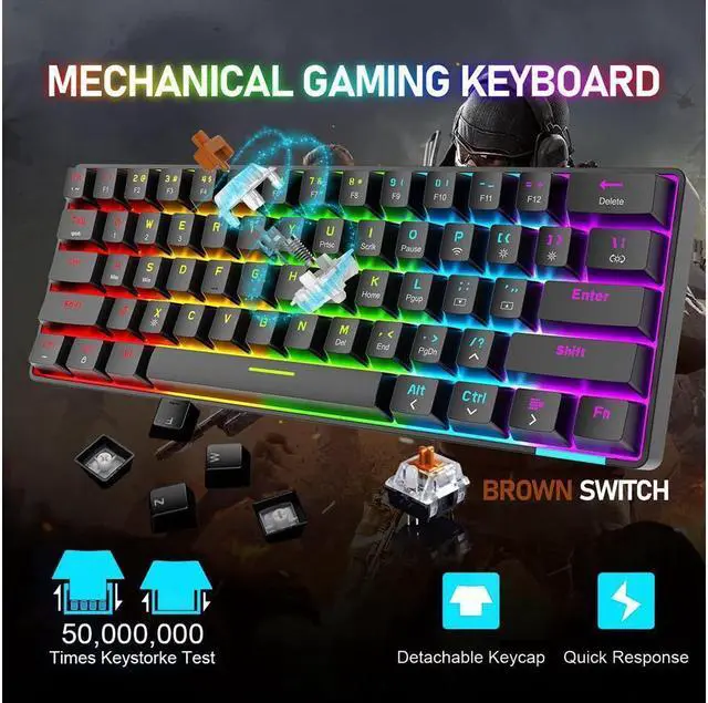 Alt view image 2 of 3 - KEHIPI 60% Wireless Mechanical Gaming Keyboard with Rainbow RGB Backlight Compact 61 Key Ergonomic Rechargeable Anti-ghosting Bluetooth 5.0 Type-C USB Wired for Typist PC Laptop Mac Gamer White