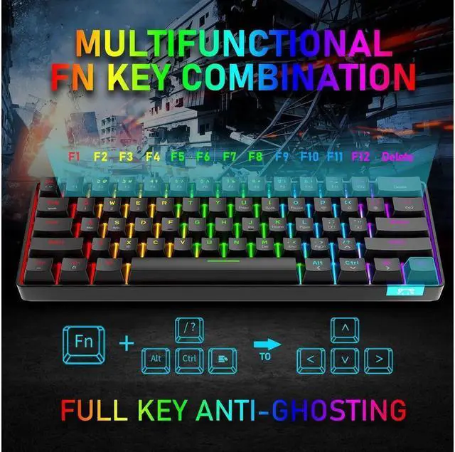 Alt view image 3 of 3 - KEHIPI 60% Wireless Mechanical Gaming Keyboard with Rainbow RGB Backlight Compact 61 Key Ergonomic Rechargeable Anti-ghosting Bluetooth 5.0 Type-C USB Wired for Typist PC Laptop Mac Gamer White