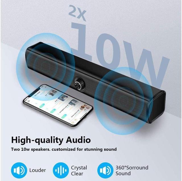 Alt view image 6 of 6 - KEHIPI Computer Speaker, 20W Bluetooth Computer Speaker Built-in Dual Subwoofer, Stereo USB Powered Sound Bar Speaker for Computer Laptop Smartphone Tablet Game Console, Aux Connection