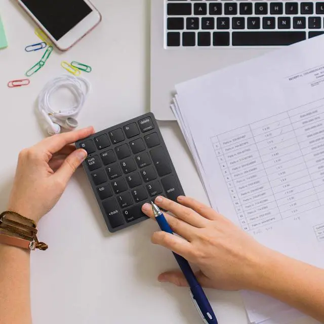 Alt view image 7 of 7 - KEHIPI Bluetooth Number Pad Wireless Numeric Keypad Numpad 26 Keys Portable Mini Financial Accounting Rechargeable Numeric Pad for Laptop Desktop, PC, Surface Pro,Notebook (Black)