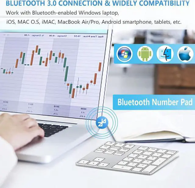 Alt view image 4 of 7 - KEHIPI Bluetooth Number Pad, Aluminum Rechargeable Wireless Numeric Keypad Slim 34-Keys External Numpad Keyboard Data Entry Compatible for Macbook, MacBook Air/Pro, iMac Windows Laptop Surface White