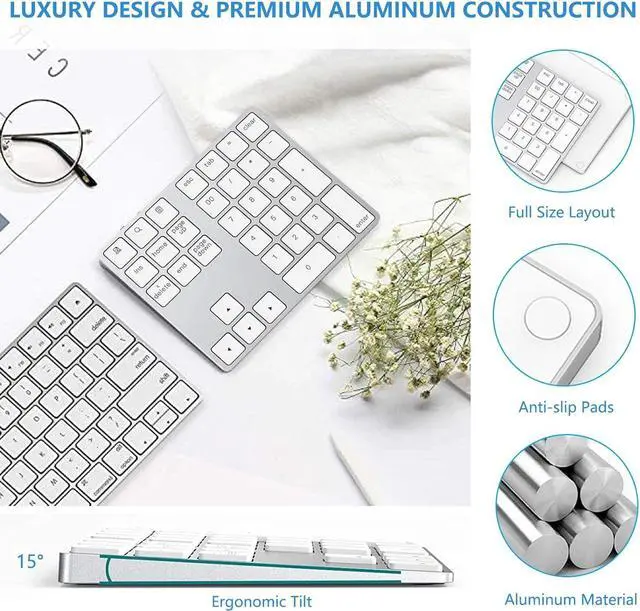 Alt view image 3 of 7 - KEHIPI Bluetooth Number Pad, Aluminum Rechargeable Wireless Numeric Keypad Slim 34-Keys External Numpad Keyboard Data Entry Compatible for Macbook, MacBook Air/Pro, iMac Windows Laptop Surface White