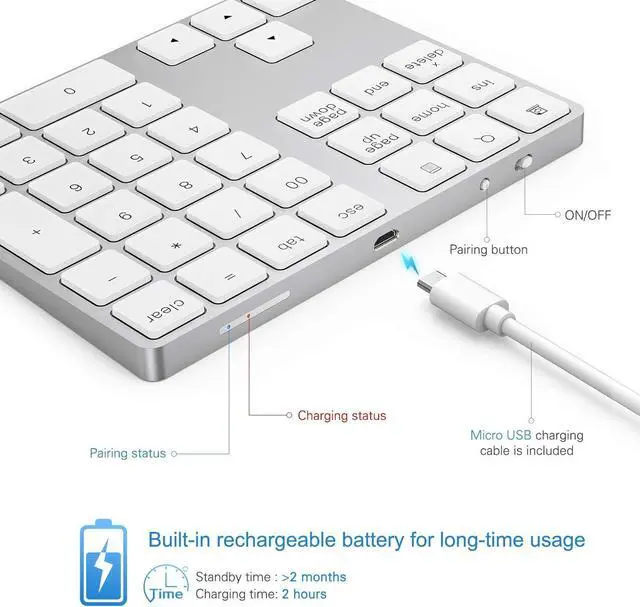 Alt view image 6 of 7 - KEHIPI Bluetooth Number Pad, Aluminum Rechargeable Wireless Numeric Keypad Slim 34-Keys External Numpad Keyboard Data Entry Compatible for Macbook, MacBook Air/Pro, iMac Windows Laptop Surface White