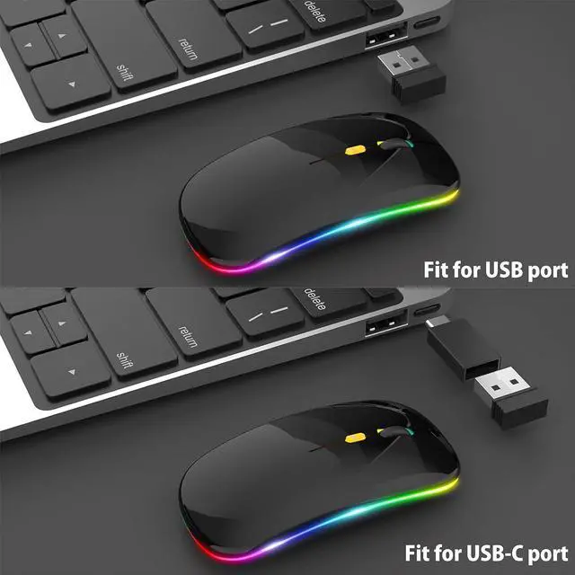 Alt view image 7 of 7 - KEHIPIUpgrade LED Wireless Mouse, Slim Silent Mouse 2.4G Portable Mobile Optical Office Mouse with USB & Type-c Receiver,3 Adjustable DPI Levels for Notebook,PC, Laptop,Computer,MacBook-Bright Black