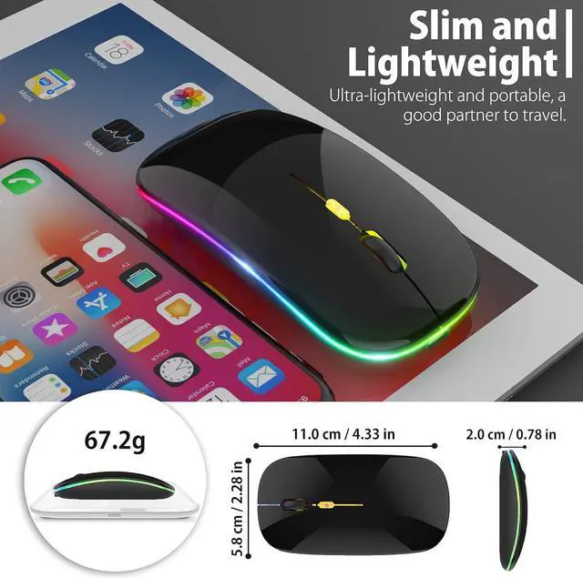 Alt view image 5 of 7 - KEHIPIUpgrade LED Wireless Mouse, Slim Silent Mouse 2.4G Portable Mobile Optical Office Mouse with USB & Type-c Receiver,3 Adjustable DPI Levels for Notebook,PC, Laptop,Computer,MacBook-Bright Black