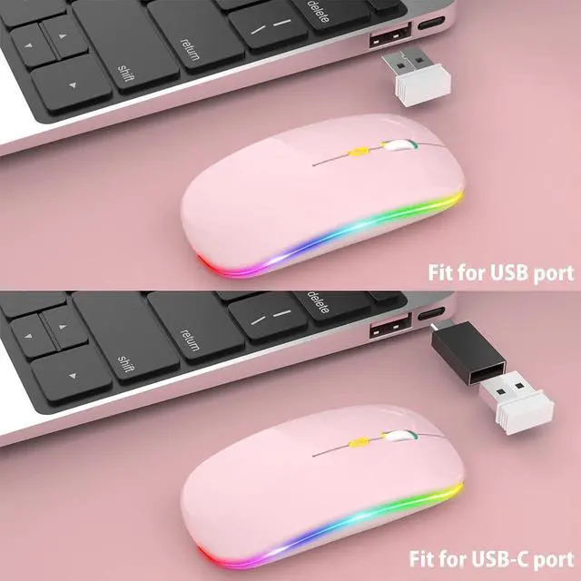Alt view image 7 of 7 - KEHIPIUpgrade LED Wireless Mouse, Slim Silent Mouse 2.4G Portable Mobile Optical Office Mouse with USB & Type-c Receiver, 3 Adjustable DPI Levels for Notebook, PC, Laptop, Computer, MacBook -Pink