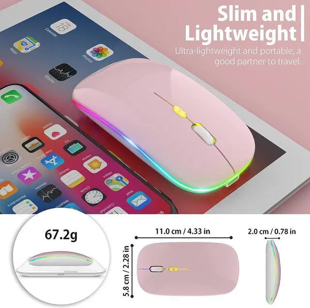 Alt view image 5 of 7 - KEHIPIUpgrade LED Wireless Mouse, Slim Silent Mouse 2.4G Portable Mobile Optical Office Mouse with USB & Type-c Receiver, 3 Adjustable DPI Levels for Notebook, PC, Laptop, Computer, MacBook -Pink