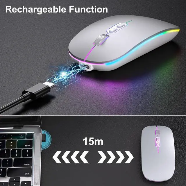Alt view image 3 of 7 - KEHIPIUpgrade LED Wireless Mouse, Slim Silent Mouse 2.4G Portable Mobile Optical Office Mouse with USB & Type-c Receiver, 3 Adjustable DPI Levels for Notebook,PC, Laptop,Computer,MacBook-Matt Silver
