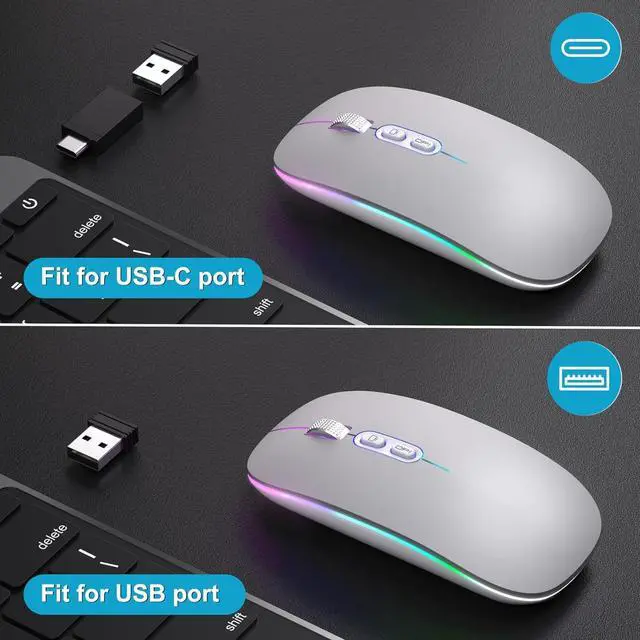 Alt view image 6 of 7 - KEHIPIUpgrade LED Wireless Mouse, Slim Silent Mouse 2.4G Portable Mobile Optical Office Mouse with USB & Type-c Receiver, 3 Adjustable DPI Levels for Notebook,PC, Laptop,Computer,MacBook-Matt Silver