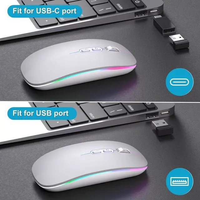 Alt view image 7 of 7 - KEHIPIUpgrade LED Wireless Mouse, Slim Silent Mouse 2.4G Portable Mobile Optical Office Mouse with USB & Type-c Receiver, 3 Adjustable DPI Levels for Notebook,PC, Laptop,Computer,MacBook-Matt Silver