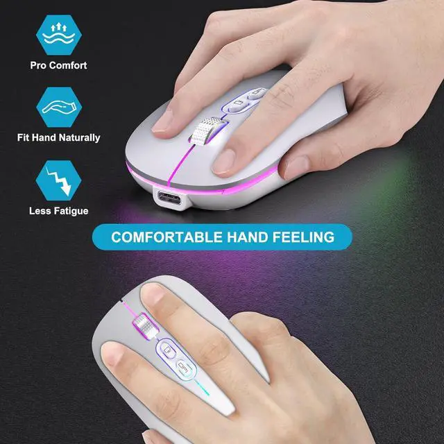 Alt view image 5 of 7 - KEHIPIUpgrade LED Wireless Mouse, Slim Silent Mouse 2.4G Portable Mobile Optical Office Mouse with USB & Type-c Receiver, 3 Adjustable DPI Levels for Notebook,PC, Laptop,Computer,MacBook-Matt Silver