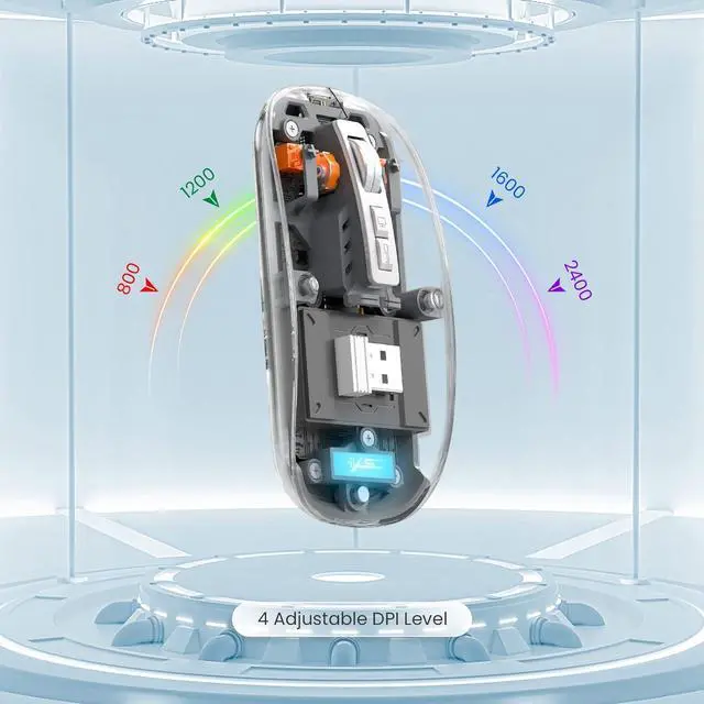 Alt view image 6 of 7 - KEHIPI Wireless Bluetooth5.1&2.4G Mini Lightweight Mouse,Transparent Clear Cool,Rechargeable Silent Computer Mice,Nano USB C Receiver,LED Battery Magic Silm for Office/PC/Mac/Laptop/Apple/ipad(Grey)