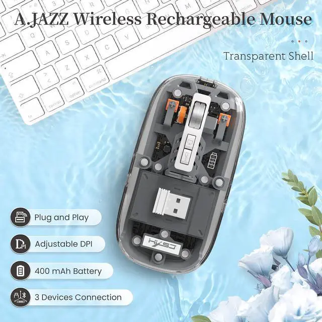 Alt view image 2 of 7 - KEHIPI Wireless Bluetooth5.1&2.4G Mini Lightweight Mouse,Transparent Clear Cool,Rechargeable Silent Computer Mice,Nano USB C Receiver,LED Battery Magic Silm for Office/PC/Mac/Laptop/Apple/ipad(Grey)