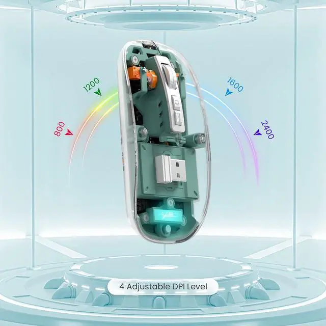 Alt view image 7 of 7 - KEHIPI Wireless Bluetooth5.1&2.4G Mini Lightweight Mouse,Transparent Clear Cool,Rechargeable Silent Computer Mice,Nano USB C Receiver,LED Battery Magic Silm for Office/PC/Mac/Laptop/Apple/ipad(Green)