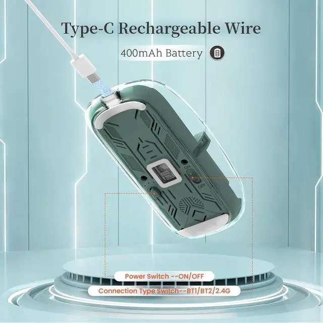 Alt view image 6 of 7 - KEHIPI Wireless Bluetooth5.1&2.4G Mini Lightweight Mouse,Transparent Clear Cool,Rechargeable Silent Computer Mice,Nano USB C Receiver,LED Battery Magic Silm for Office/PC/Mac/Laptop/Apple/ipad(Green)