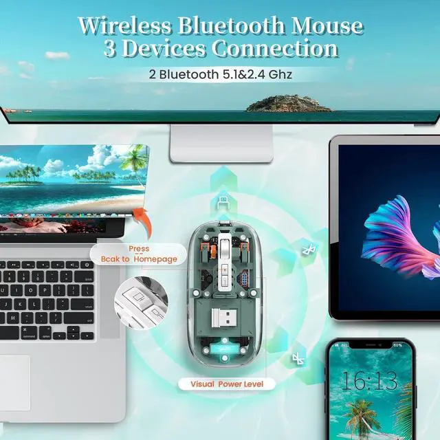 Alt view image 3 of 7 - KEHIPI Wireless Bluetooth5.1&2.4G Mini Lightweight Mouse,Transparent Clear Cool,Rechargeable Silent Computer Mice,Nano USB C Receiver,LED Battery Magic Silm for Office/PC/Mac/Laptop/Apple/ipad(Green)