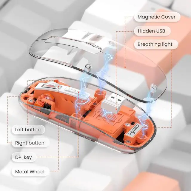 Alt view image 4 of 7 - KEHIPI Wireless Bluetooth5.1&2.4G Mini Lightweight Mouse,Transparent Clear Cool,Rechargeable Silent Computer Mice,Nano USB C Receiver,LED Battery Magic Silm for Office/PC/Mac/Laptop/Apple/ipad(Orang)