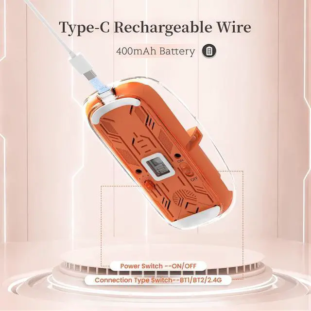 Alt view image 6 of 7 - KEHIPI Wireless Bluetooth5.1&2.4G Mini Lightweight Mouse,Transparent Clear Cool,Rechargeable Silent Computer Mice,Nano USB C Receiver,LED Battery Magic Silm for Office/PC/Mac/Laptop/Apple/ipad(Orang)