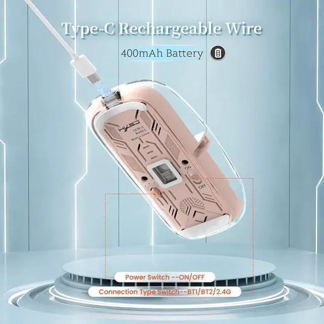 Alt view image 6 of 7 - KEHIPI Wireless Bluetooth5.1&2.4G Mini Lightweight Mouse,Transparent Clear Cool,Rechargeable Silent Computer Mice,Nano USB C Receiver,LED Battery Magic Silm for Office/PC/Mac/Laptop/Apple/ipad(Pink)