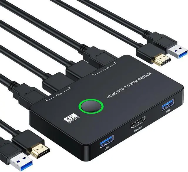 Main image of KEHIPI HDMI USB 3.0 Switch 2 Port Box, KVM Switch for 2 Computers Share One Monitor Keyboard Mouse and Printer, Support UHD 4K@60Hz, with 2 USB Cable and 2 HDMI Cable