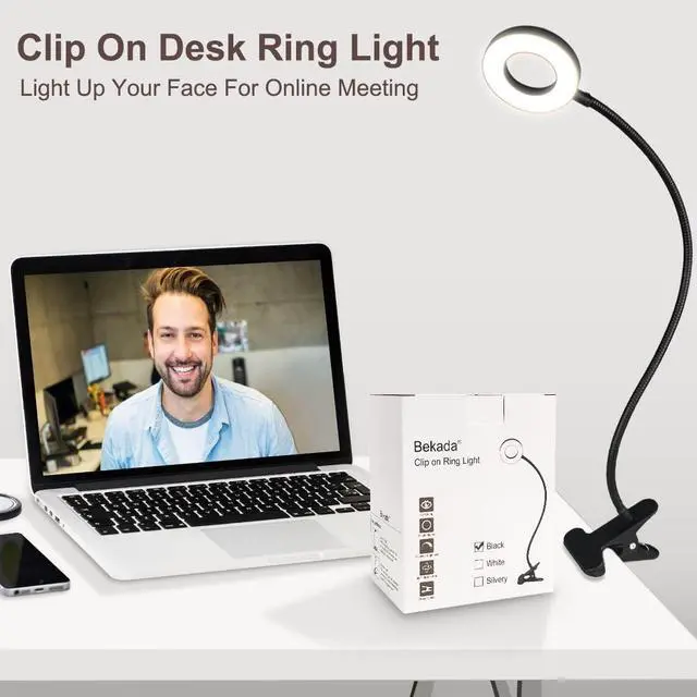 Alt view image 7 of 7 - KEHIPI Clip on Desk/Ring Light with Clamp for Video Conference Lighting, Computer Webcam, USB LED Laptop Light for Zoom Meetings Reading with 3 Color 10 Dimming Level